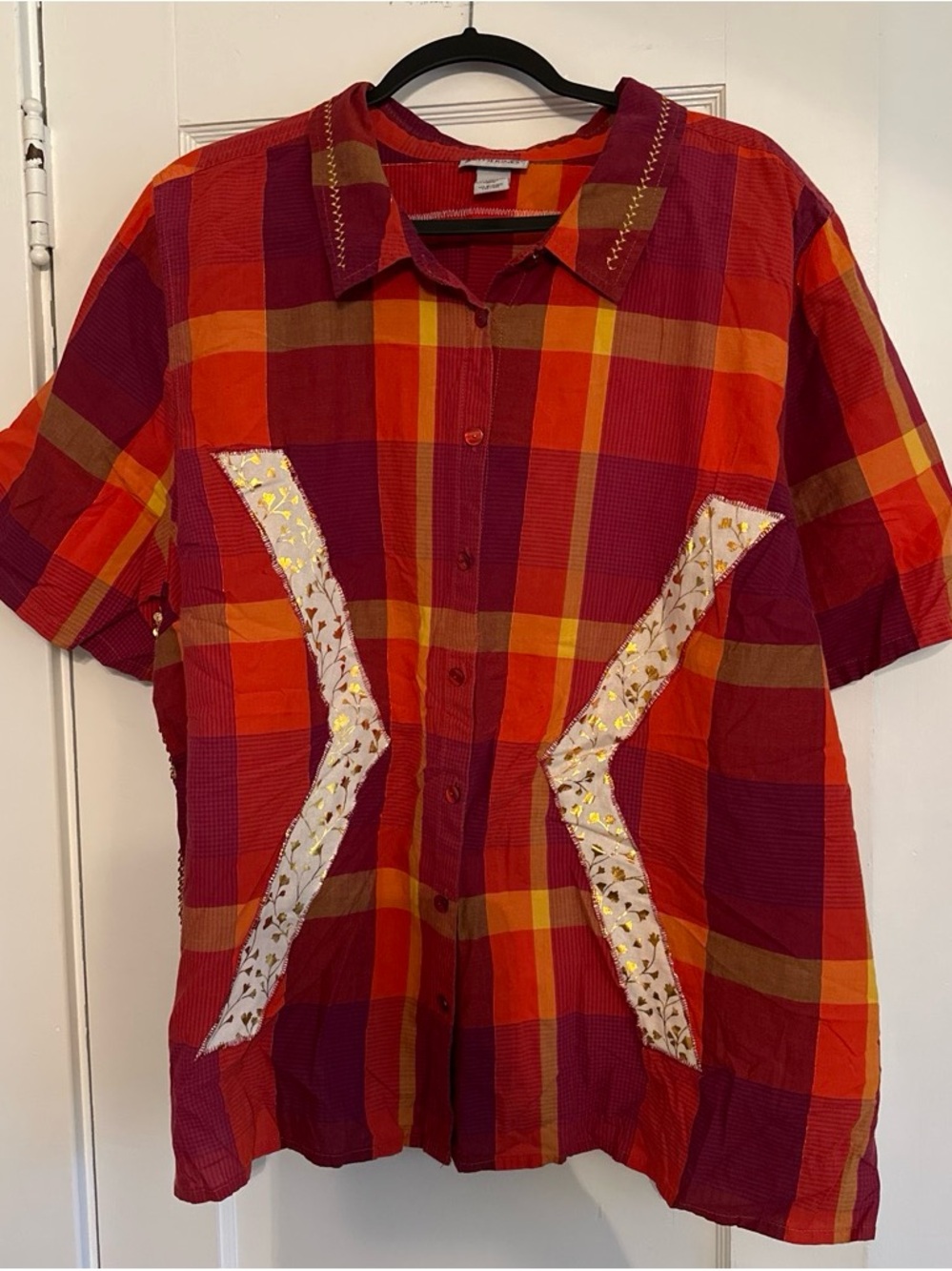Catherines Red & Orange Plaid Button Front Blouse